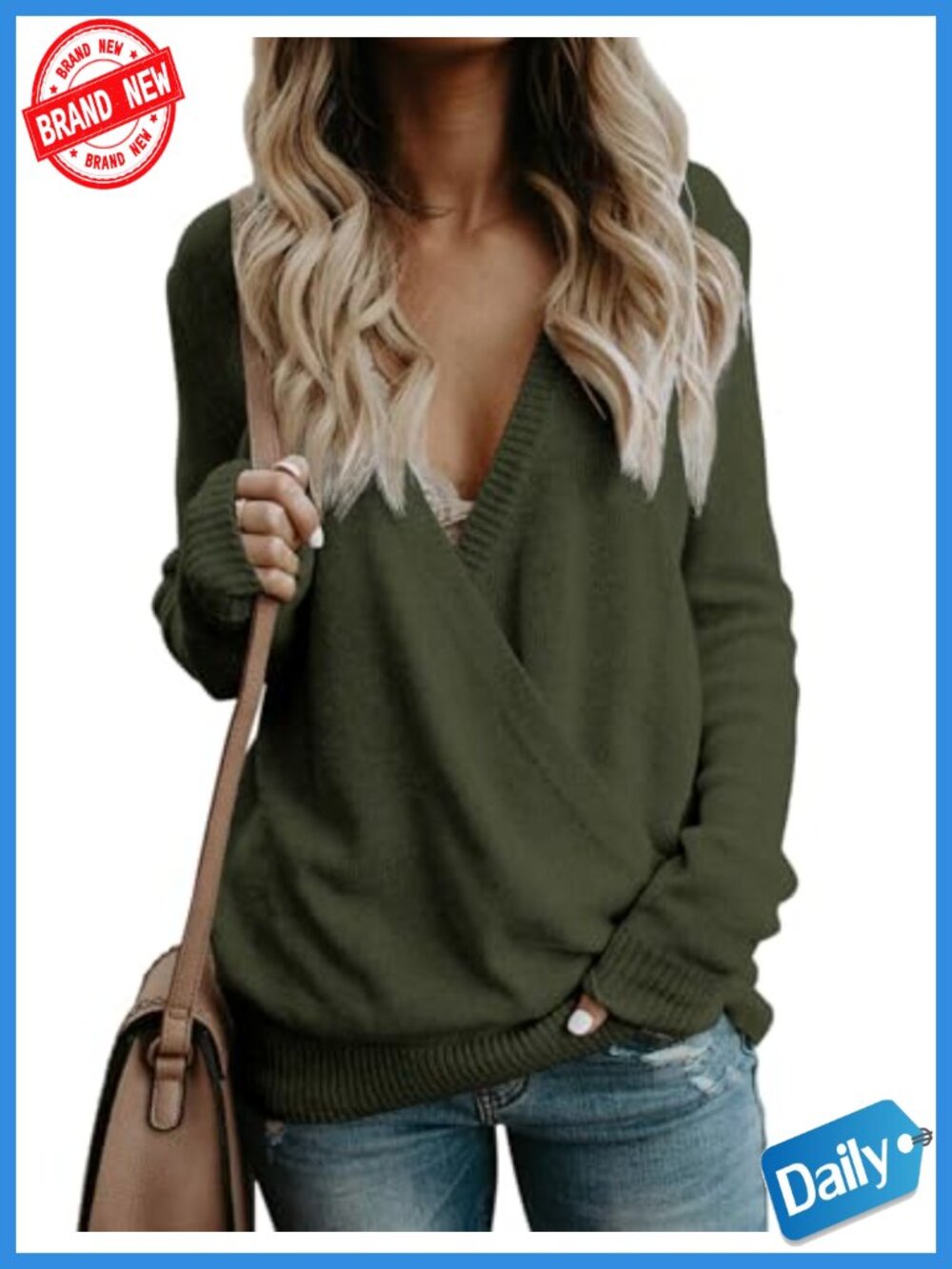 Womens Oversized Wrap Sweater Long Sleeve V-Neck Knit Pullover Loose Fit Fall
